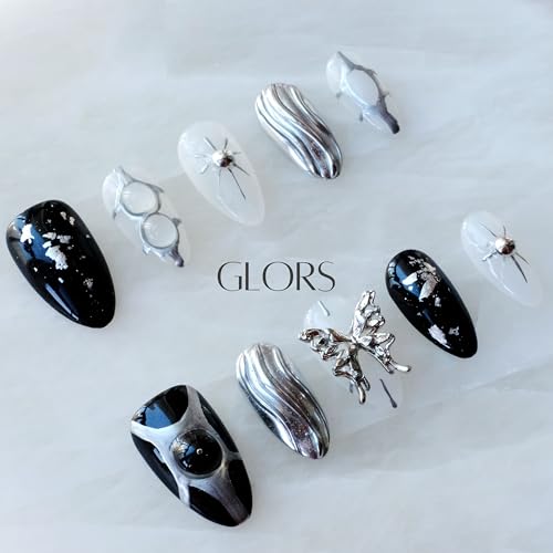 GLORS Gothic Long Almond Press-On Nails – Black & Silver with Butterfly Accent (10 Pieces)