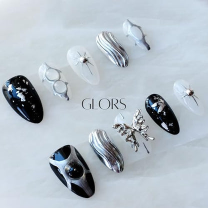 GLORS Gothic Long Almond Press-On Nails – Black & Silver with Butterfly Accent (10 Pieces)