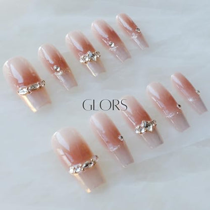 GLORS Long Ballerina Press-On Nails Pink French with Rhinestones | Coffin Shape