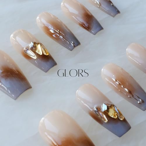 GLORS Ombre Press On Nails — Long Ballerina Nude to Gray with Gold Accent | 10-Piece Handcrafted Set