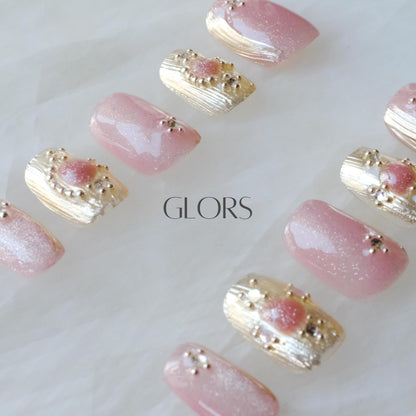 GLORS Purely Handmade Press On Nails — Pink Purple Cat-Eye Buccilati, Short Square, 10pcs (SS)