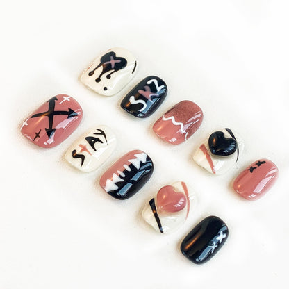 GLORS Doodle Graffiti Nail Stickers – Black & Pink for Short Square Nails (XS/SS)