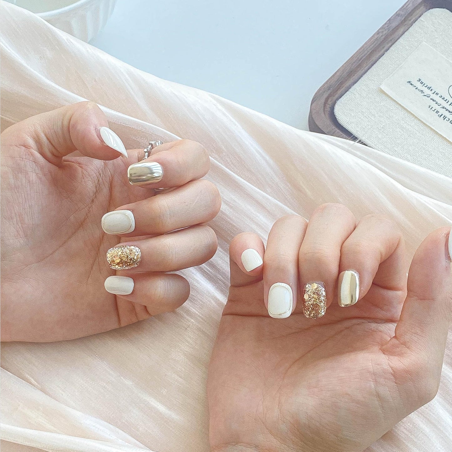 GLORS Purely Handmade Press On Nails | Beige Gold Glitter, Short Square, 10 pcs