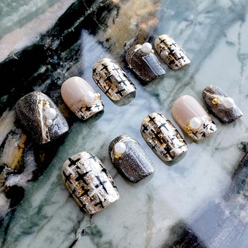 GLORS Purely Handmade Press On Nails | Short Square Gold & Pearl, 10 Pieces (Large, SS) | Salon-Quality Nail Art