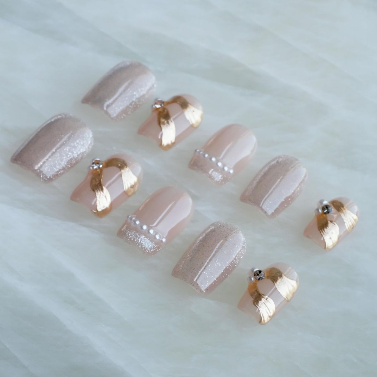 GLORS Purely Handmade Press On Nails – Elegant French Pink Pearl Gold Short Square 10 Pieces (SS)