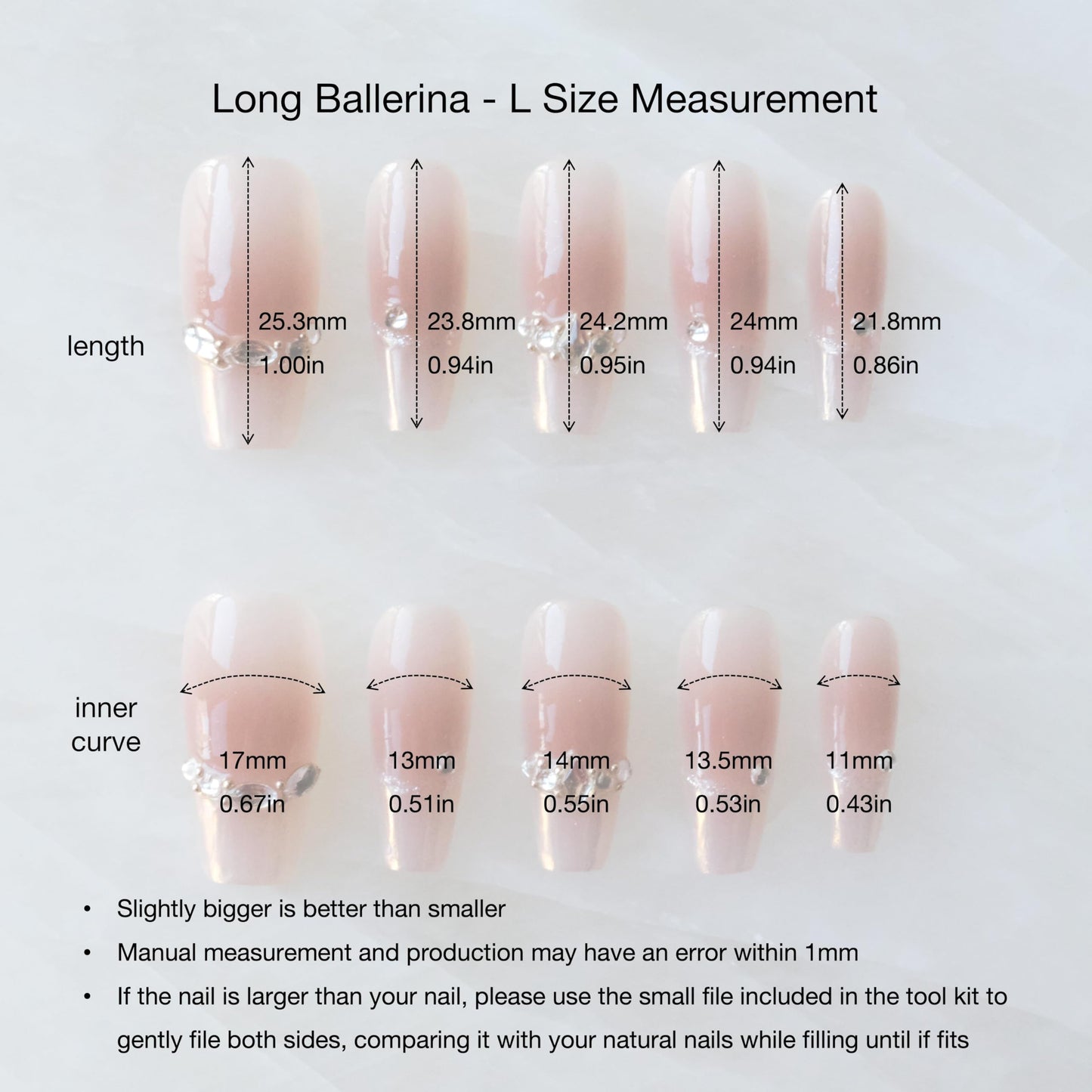 GLORS Long Ballerina Press-On Nails – Pink French Rhinestones, Coffin Shape (10 Pieces, Large)