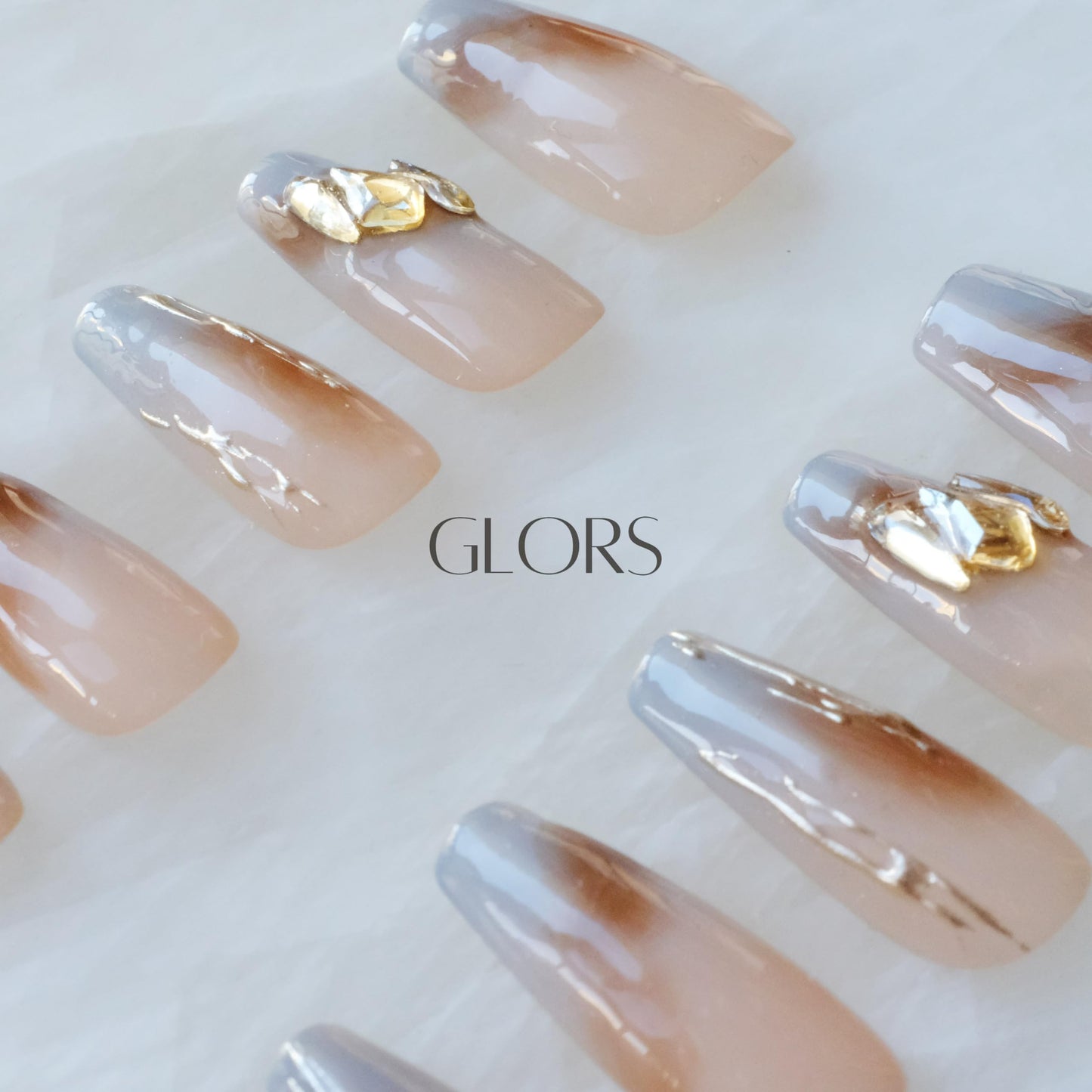 GLORS Ombre Press On Nails — Long Ballerina Nude to Gray with Gold Accent | 10-Piece Handcrafted Set