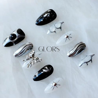 GLORS Gothic Long Almond Press-On Nails – Black & Silver with Butterfly Accent