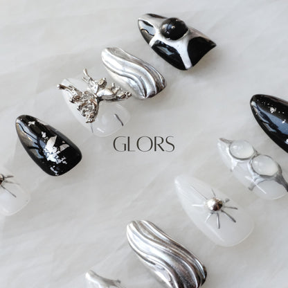 GLORS Gothic Long Almond Press-On Nails – Black & Silver with Butterfly Accent