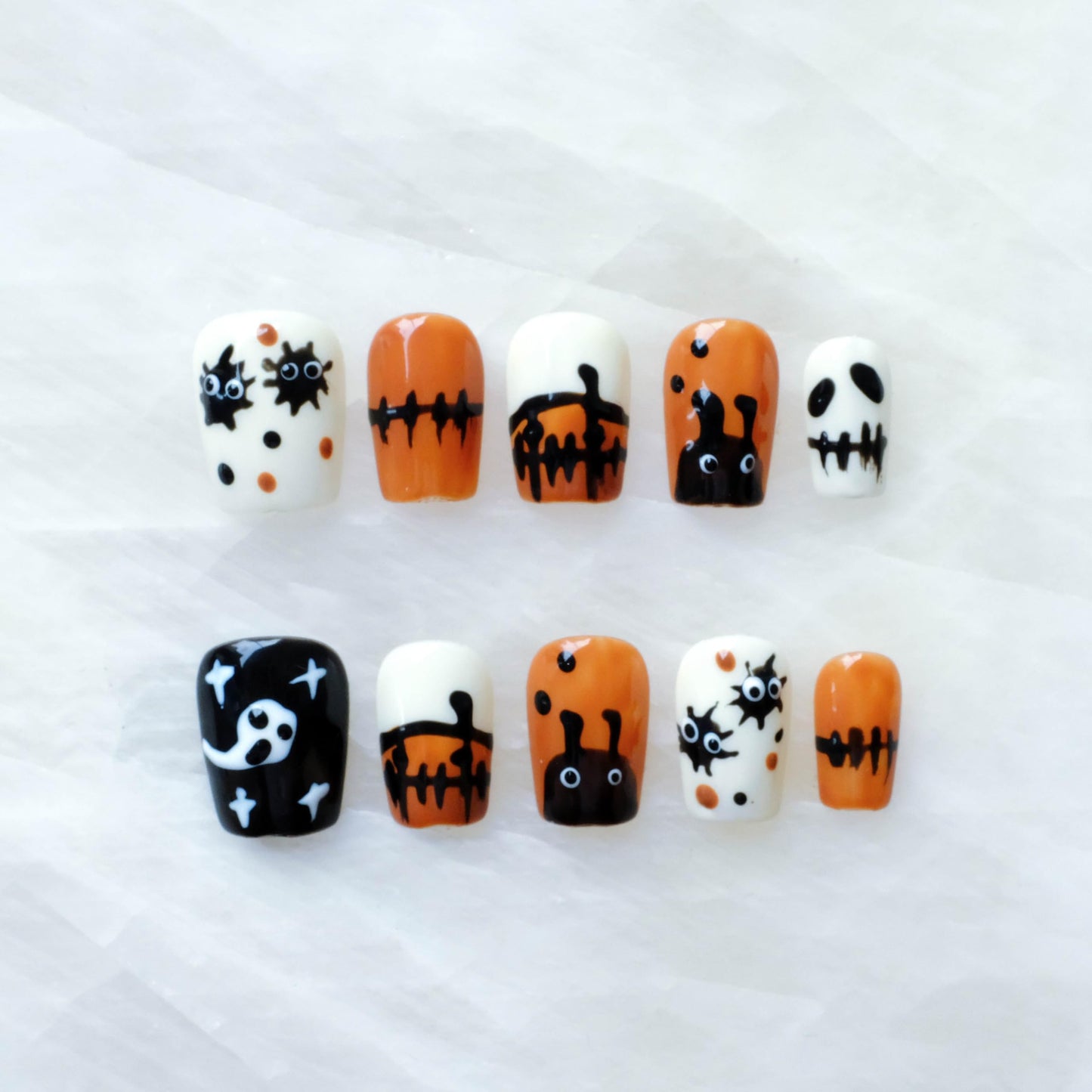 GLORS Halloween Press On Nails – Handmade Short Square False Nails (10P), Orange & Black Design