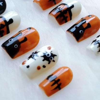 GLORS Halloween Press On Nails – Handmade Short Square False Nails (10P), Orange & Black Design