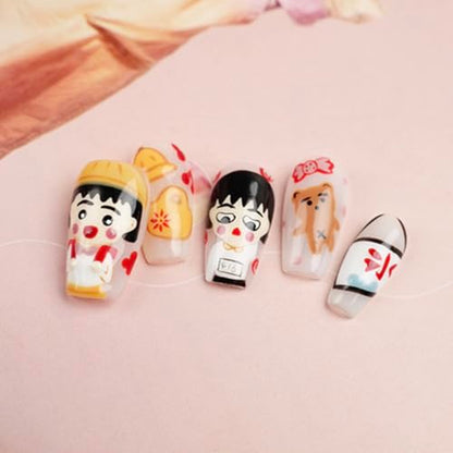 [GLORS] Hand-Painted Cute Cartoon Girl Nail Art Tips (XS) | Easy Application & Durable Design
