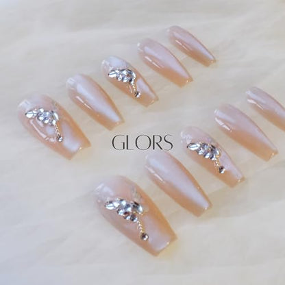 GLORS Press On Nails - Long Ballerina Coffin Nude Pink with Butterfly Rhinestones (10pc)