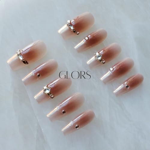 GLORS Long Ballerina Press-On Nails – Pink French with Rhinestones (Small LB)