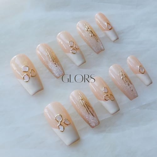 GLORS Handmade Press On Nails – Long Ballerina Shell Design (Pink/White, 10 Pieces, Large)