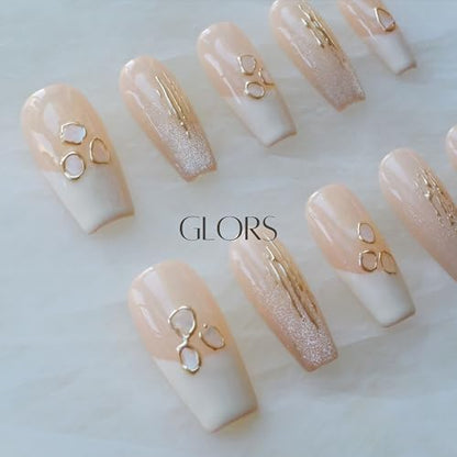 GLORS Handmade Press On Nails – Long Ballerina Shell Design (Pink/White, 10 Pieces, Large)
