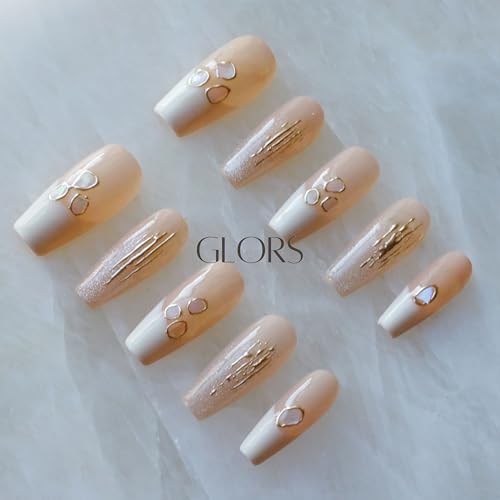 GLORS Handmade Press On Nails – Long Ballerina Shell Design (Pink/White, 10 Pieces, Large)