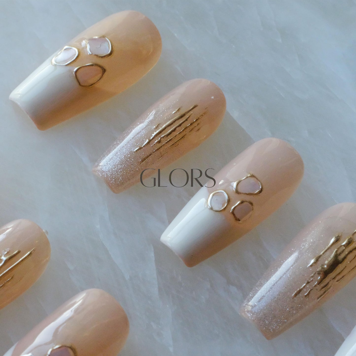 GLORS Handmade Press On Nails – Long Ballerina Shell Design (Pink/White, 10 Pieces, Large)