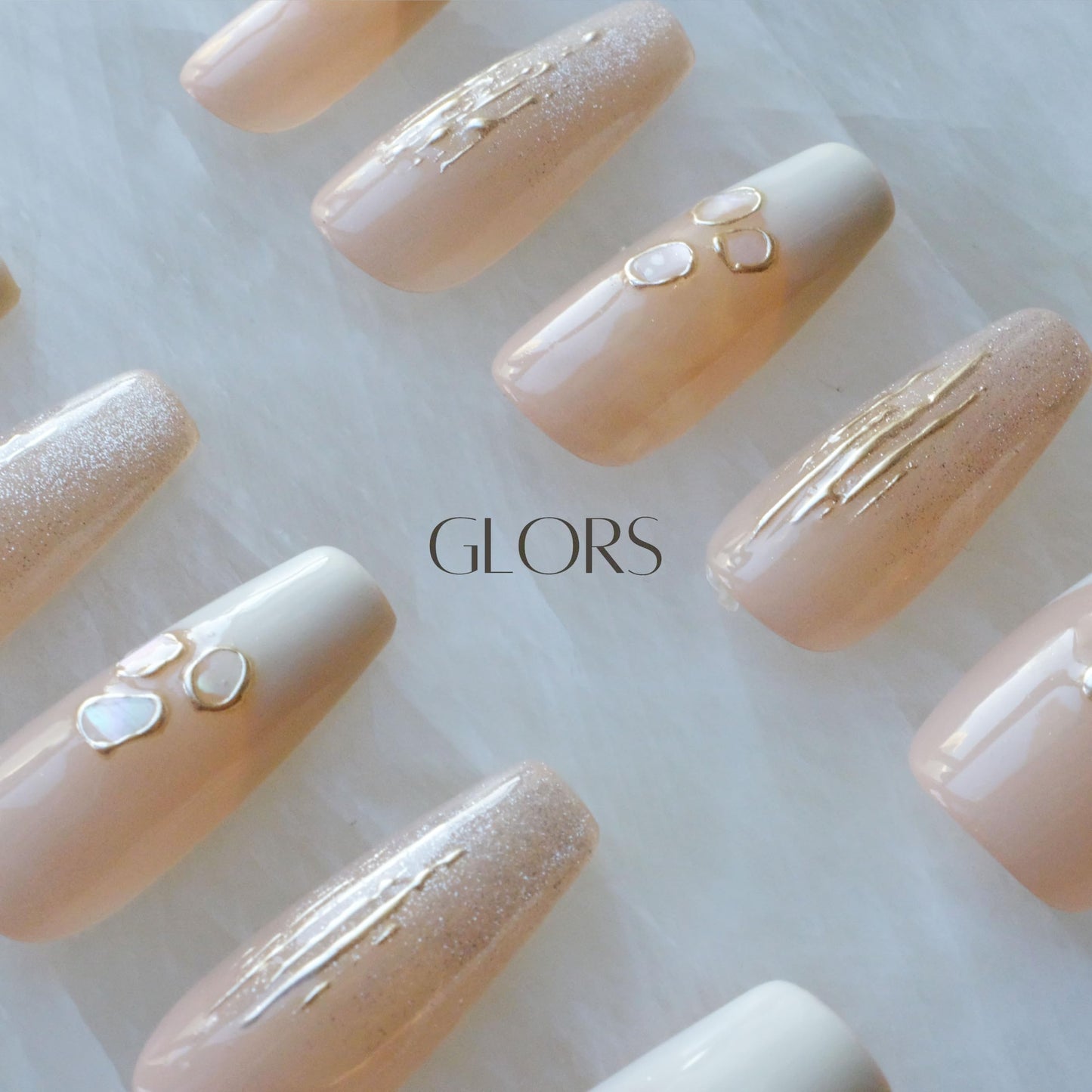 GLORS Handmade Press On Nails – Long Ballerina Shell Design (Pink/White, 10 Pieces, Large)