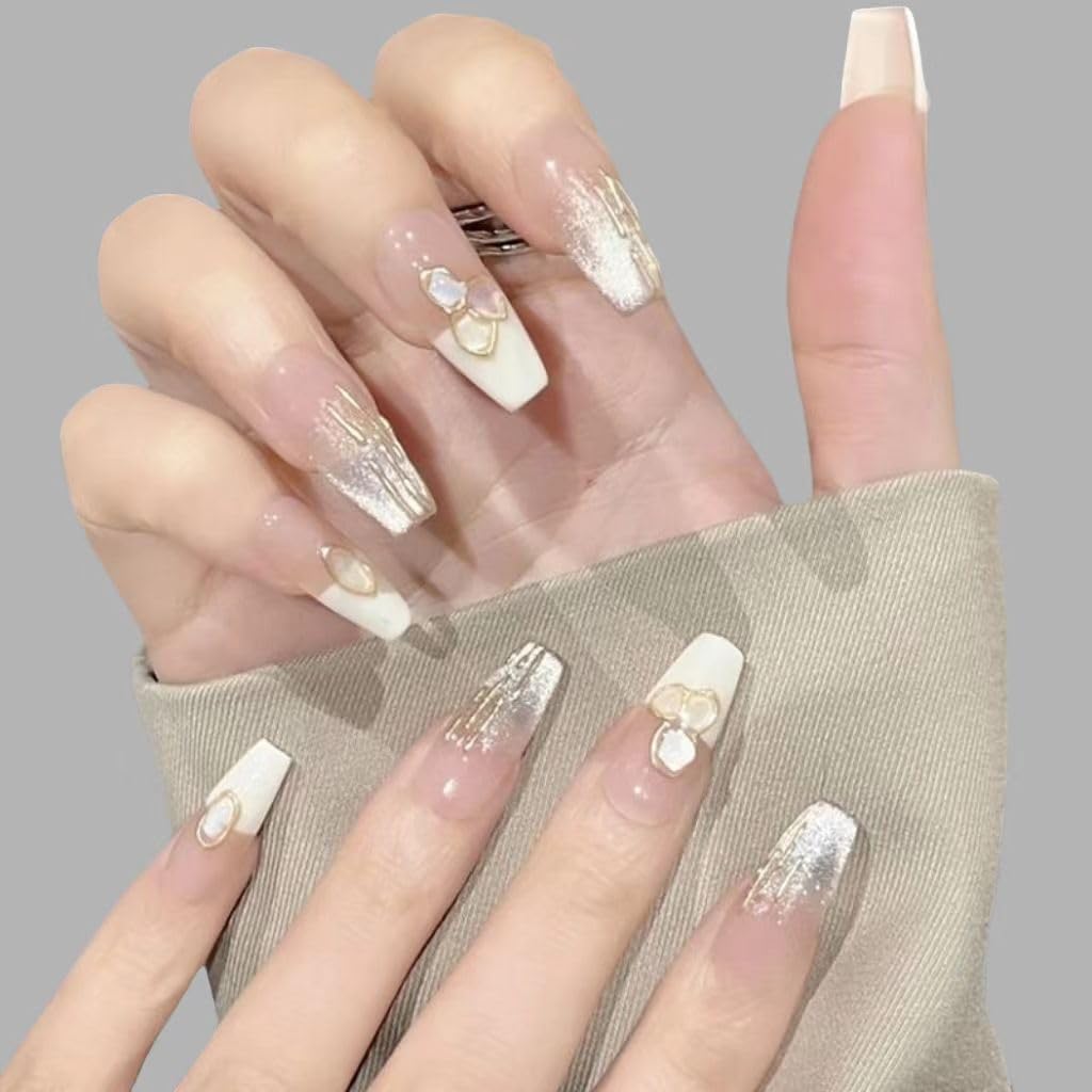 GLORS Handmade Press On Nails – Long Ballerina Shell Design (Pink/White, 10 Pieces, Large)