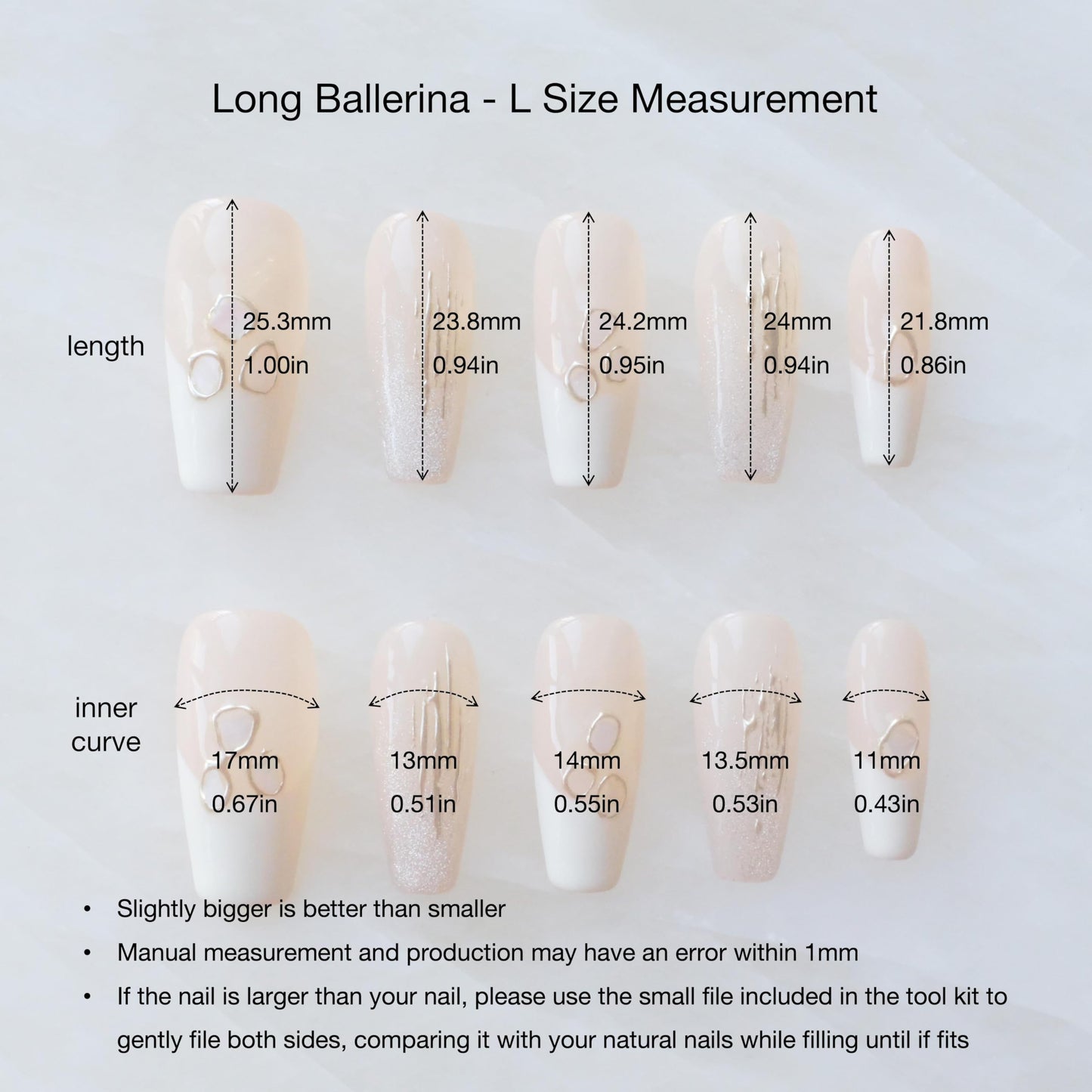 GLORS Handmade Press On Nails – Long Ballerina Shell Design (Pink/White, 10 Pieces, Large)