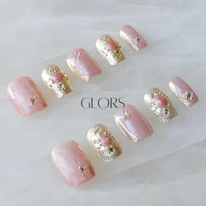GLORS Purely Handmade Press On Nails — Pink Purple Cat-Eye Buccilati, Short Square, 10pcs (SS)