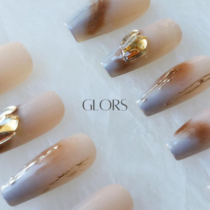 GLORS Ombre Press On Nails — Long Ballerina Nude to Gray with Gold Accent | 10-Piece Handcrafted Set