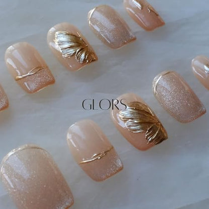 GLORS Flower Dance Press On Nails – Cat-Eye, Icy Nude Short Square (10 pcs)