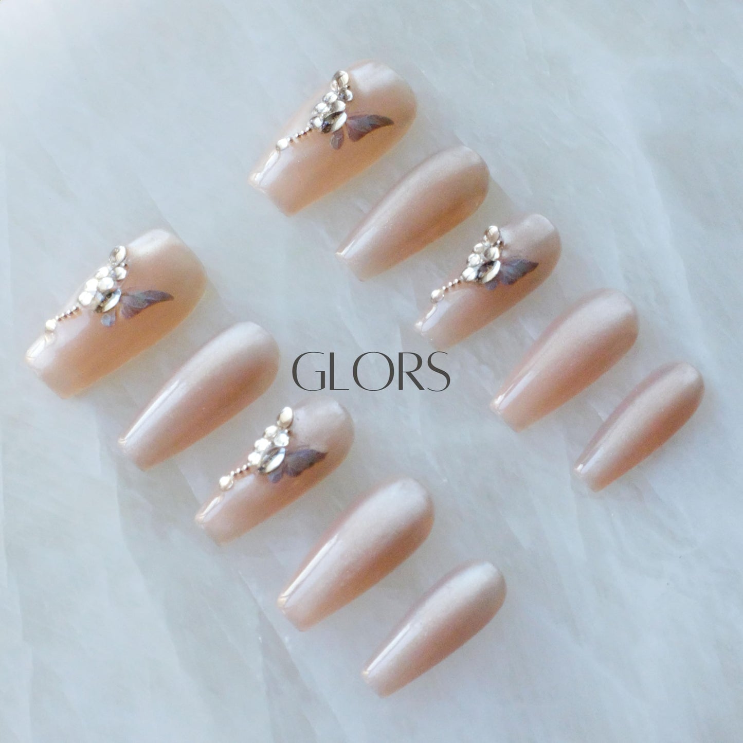 GLORS Press On Nails - Long Ballerina Coffin Nude Pink with Butterfly Rhinestones (10-Piece, Medium LB)