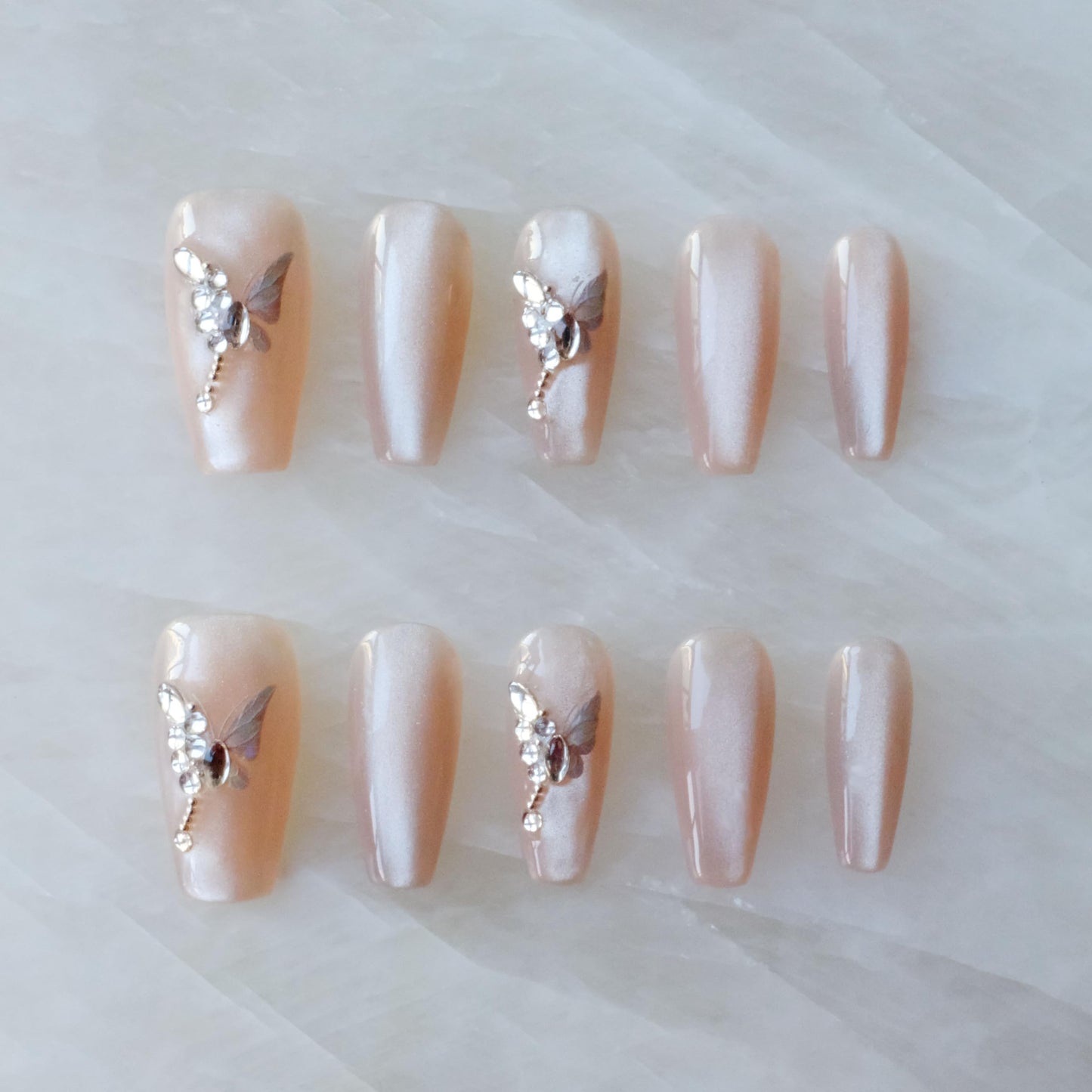 GLORS Press On Nails – Long Ballerina Coffin Nude Pink with Butterfly Rhinestones | 10 Pieces (Small, LB)
