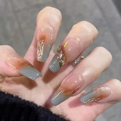 GLORS Ombre Press On Nails — Long Ballerina Nude to Gray with Gold Accent | 10-Piece Handcrafted Set