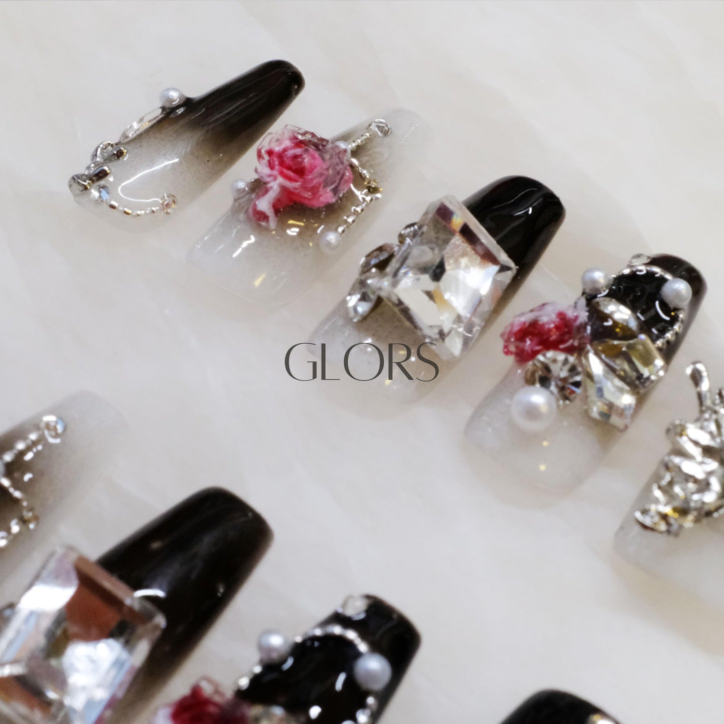 GLORS Handmade Press-On Nails - Long Coffin with 3D Butterfly & Rose, 10-Piece Set (XS, LC)