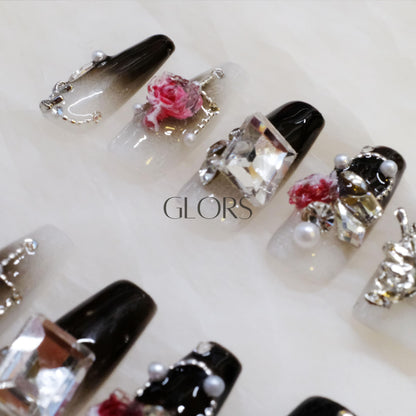 GLORS Handmade Press-On Nails - Long Coffin with 3D Butterfly & Rose, 10-Piece Set (XS, LC)