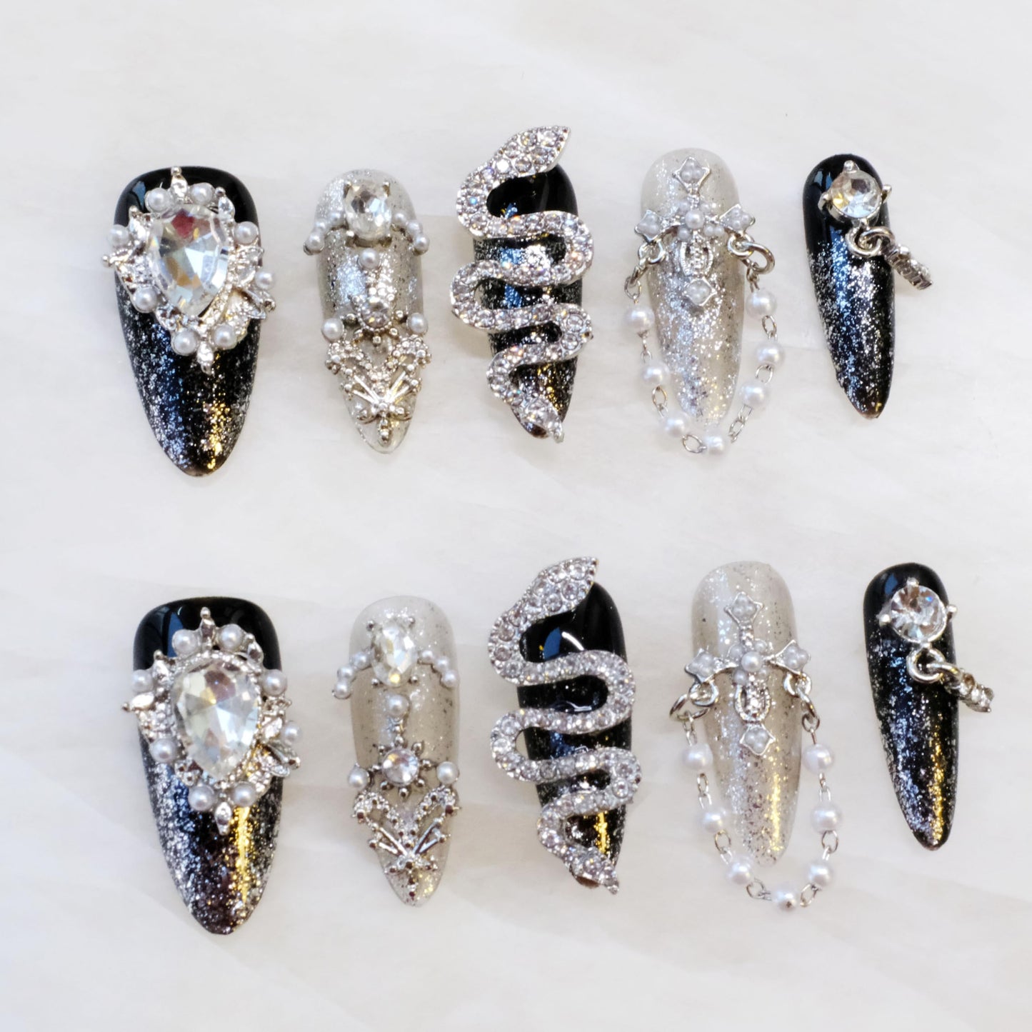 GLORS Luxury Long Almond Press-On Nails – Black & Silver Glitter with 3D Rhinestones (10 Pieces, Medium, LS)