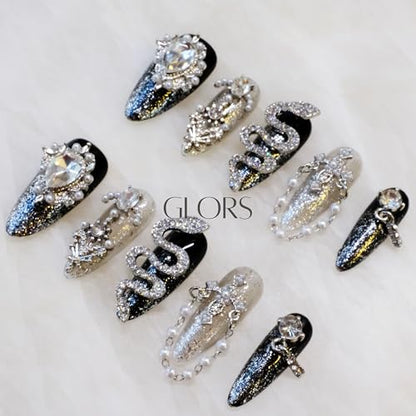 GLORS Luxury Long Almond Press-On Nails – Black & Silver Glitter with 3D Rhinestones (10 Pieces, Medium, LS)