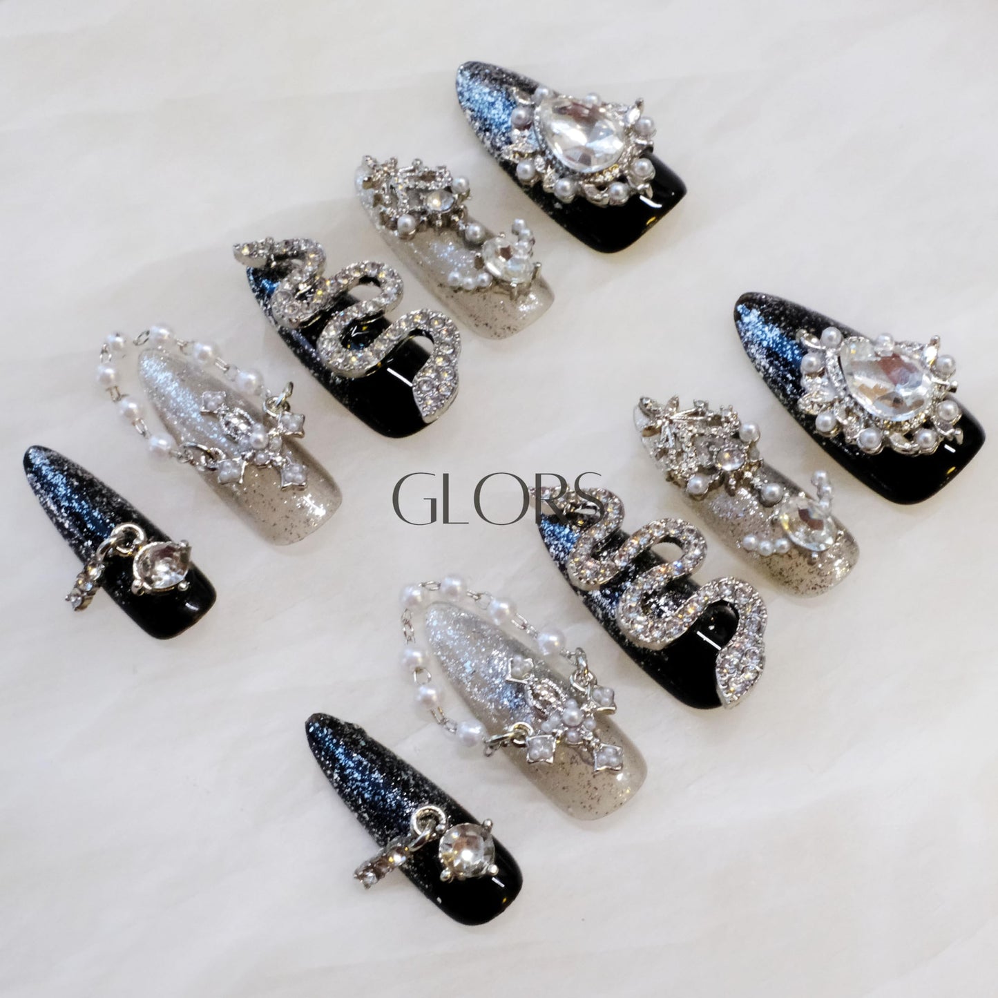 GLORS Luxury Long Almond Press-On Nails – Black & Silver Glitter with 3D Rhinestones (10 Pieces, Medium, LS)