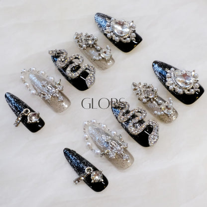 GLORS Luxury Long Almond Press-On Nails – Black & Silver Glitter with 3D Rhinestones (10 Pieces, Medium, LS)
