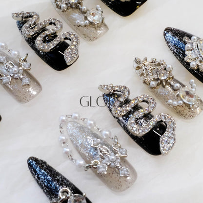 GLORS Luxury Long Almond Press-On Nails – Black & Silver Glitter with 3D Rhinestones (10 Pieces, Medium, LS)