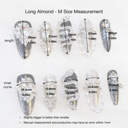 GLORS Luxury Long Almond Press-On Nails – Black & Silver Glitter with 3D Rhinestones (10 Pieces, Medium, LS)