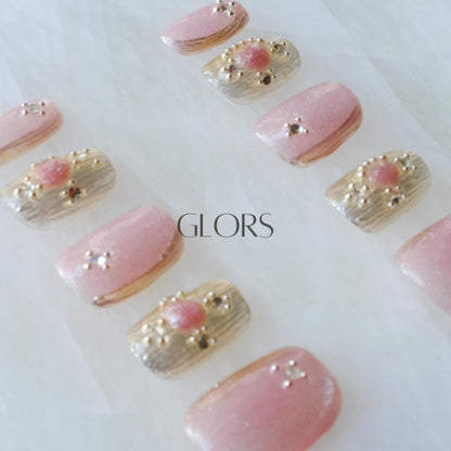 GLORS Purely Handmade Press On Nails | Pink- Purple Cat-Eye Buccilati | Short Square 10 Pieces