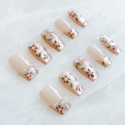 GLORS Medium Ballerina Press-On Nails – Nude Pink with Rose Gold Foil & Pearl Accents (10 Pieces, Medium MB)