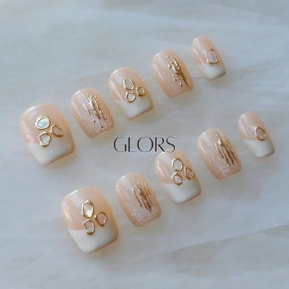 [GLORS] Purely Handmade Press On Nails | Mica Love Shell Piece Nail Art | Short Square, Salon Quality 10-Piece Set (Large, SS)