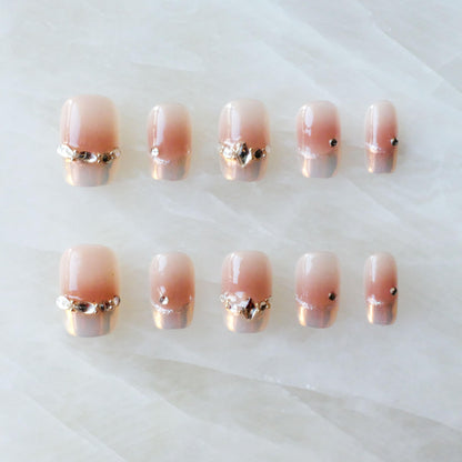 GLORS Moon Dream Purely Handmade Press On Nails – French-Style Pink with Diamond | Short Square 10-Piece Set (Large, SS)