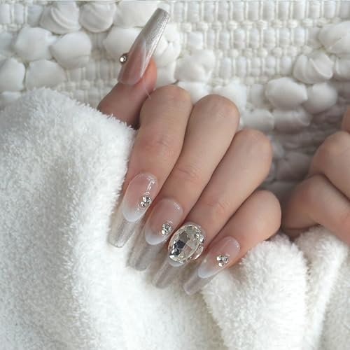 GLORS Press-On Nails – Long Ballerina Coffin, Silver Glitter French Tips with 3D Rhinestones (10pc, Medium LB)