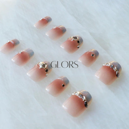 GLORS Moon Dream Purely Handmade Press On Nails – French-Style Pink with Diamond | Short Square 10-Piece Set (Large, SS)