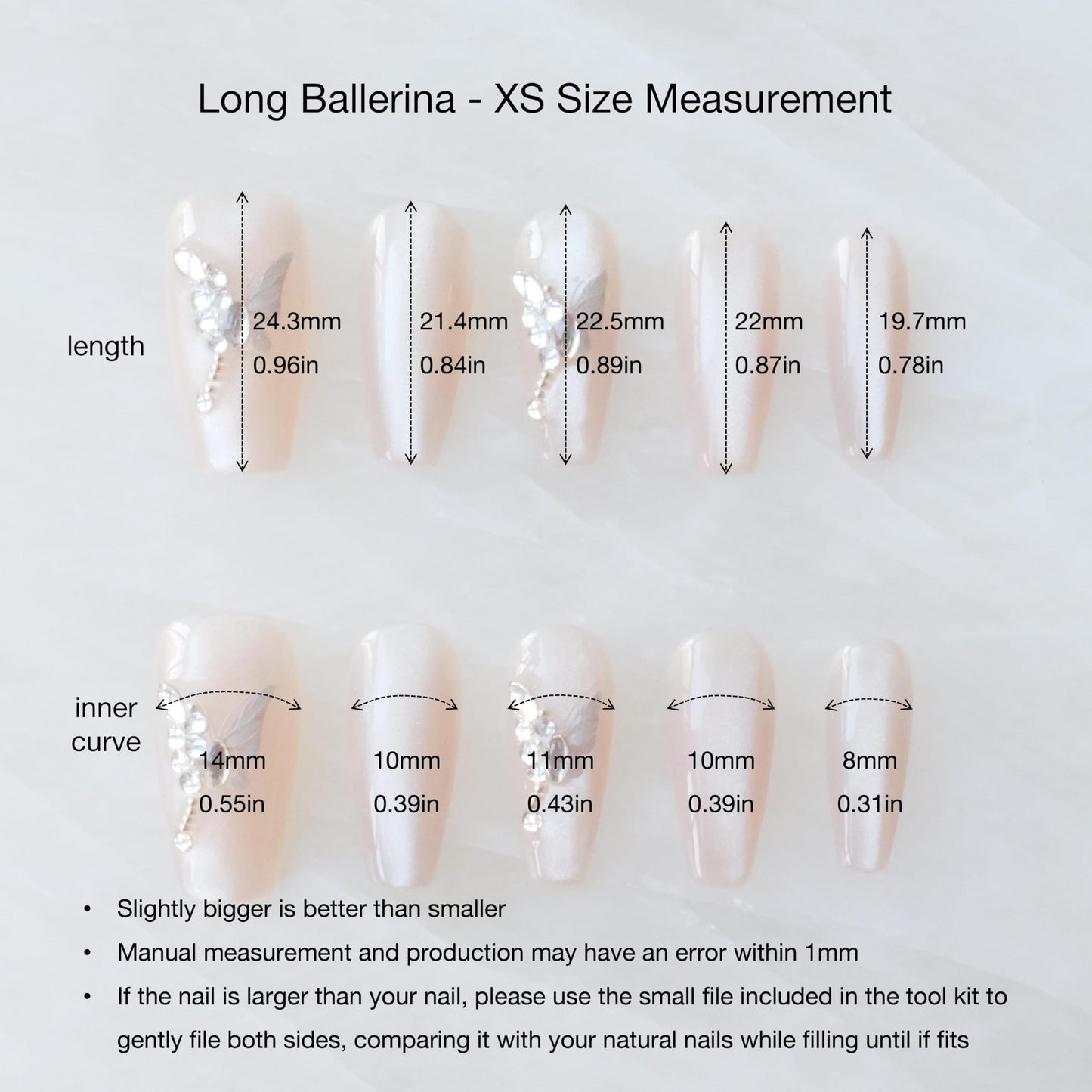GLORS Press On Nails - Long Ballerina Coffin Nude Pink with Butterfly Rhinestones | 10 Pieces (XS-LB)