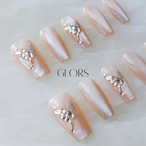 GLORS Press On Nails - Long Ballerina Coffin Nude Pink with Butterfly Rhinestones | 10 Pieces (XS-LB)