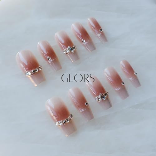 GLORS Long Ballerina Press-On Nails – Pink French with Rhinestones (10 Pieces)