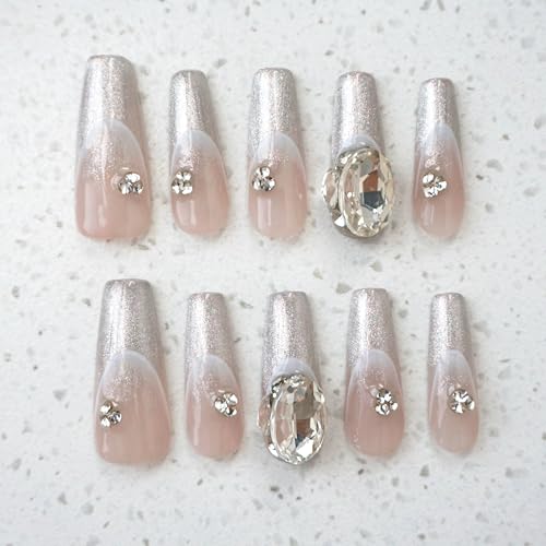 GLORS Press-On Nails – Long Ballerina Coffin, Silver Glitter French Tips with 3D Rhinestones (10pc, Medium LB)