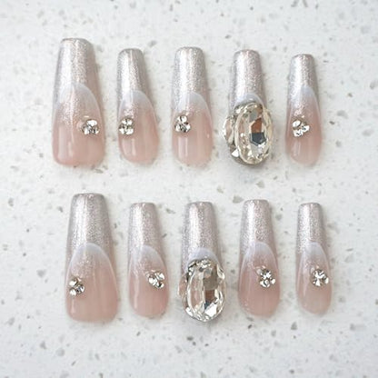 GLORS Press-On Nails – Long Ballerina Coffin, Silver Glitter French Tips with 3D Rhinestones (10pc, Medium LB)